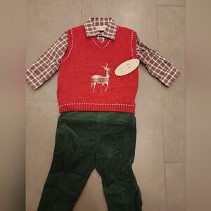 BNWT Red Sweater Vest with Green Pants Outfit - 12 Mo